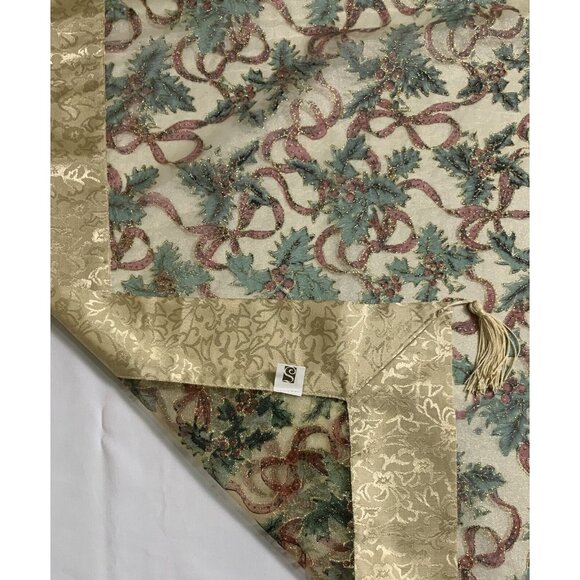 Elegant Holiday Tablecloth 51" X 51" Sheer Gold Border Tassels Holly Christmas - Picture 5 of 11